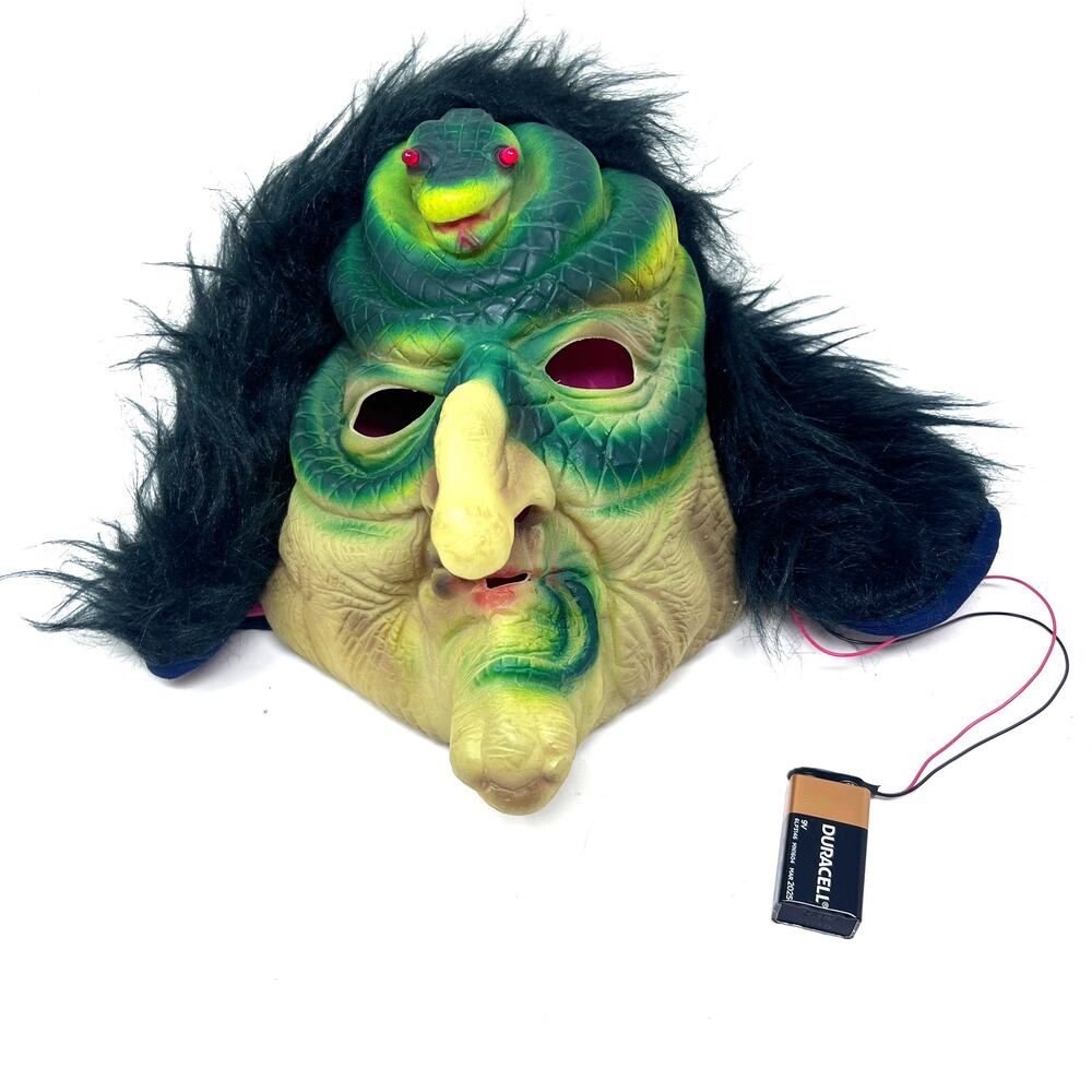 Vintage Halloween Mask Light Up Snake‎ Witch Nu Skin Rubber with Hair WORKS